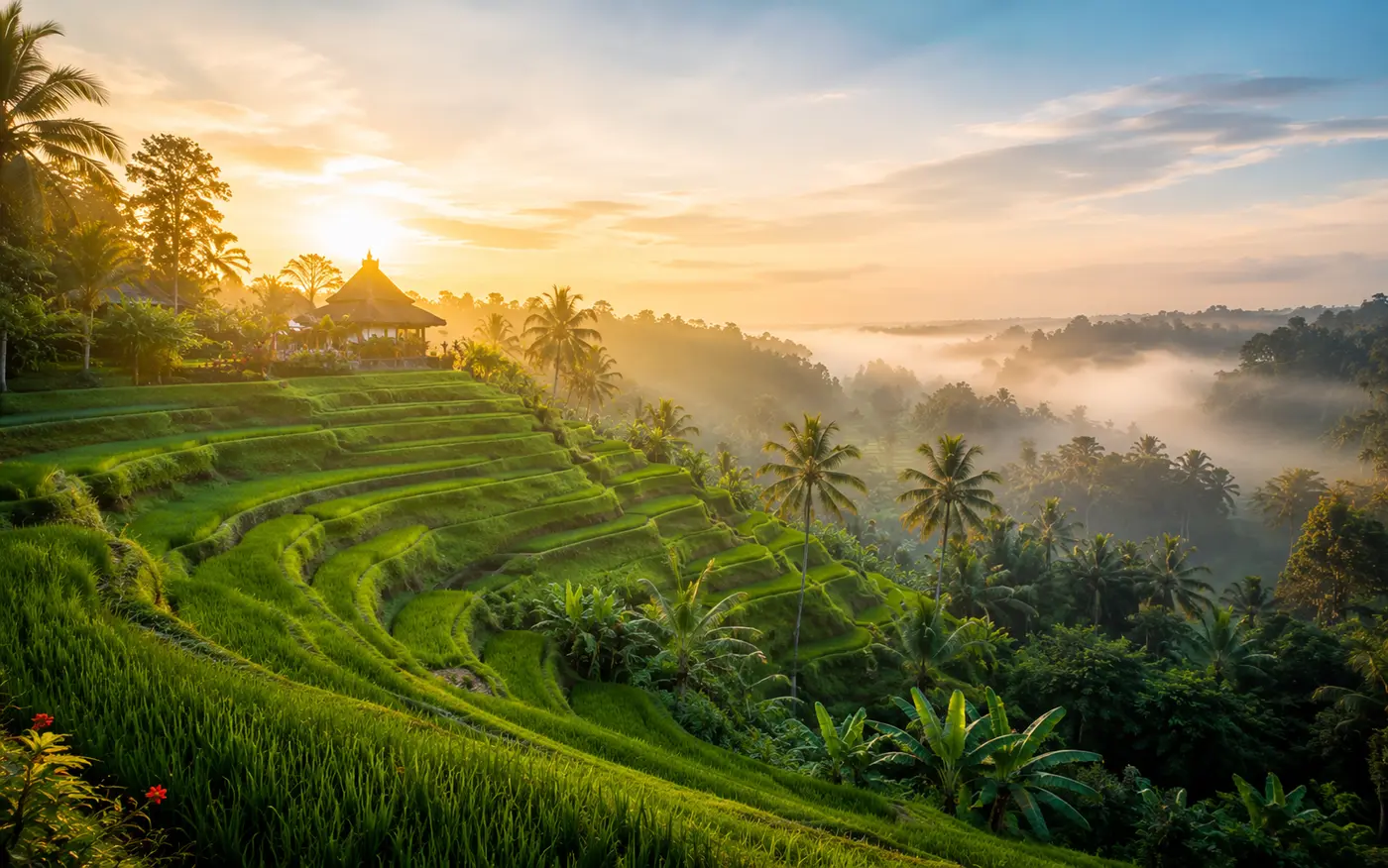 Emerald rice terraces stepping down a hillside in Bali