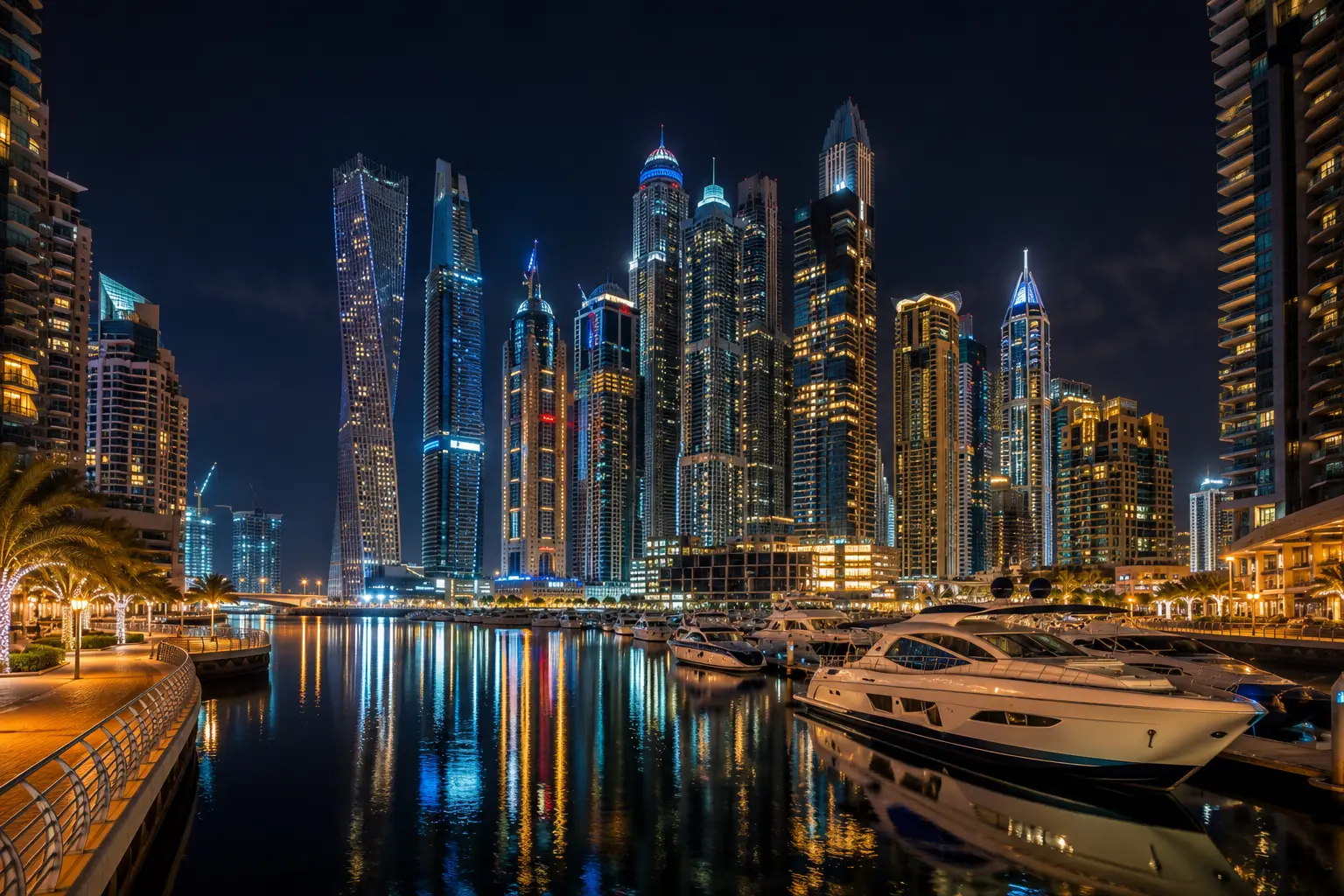 Dubai Marina yachts and skyline at night
